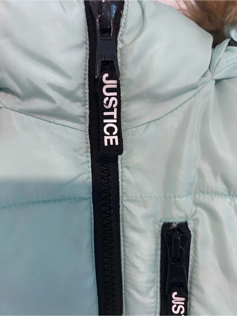 Justice Girls' Light Ice Blue Puffer Coat with Faux Fur Removable Hood Size 8
